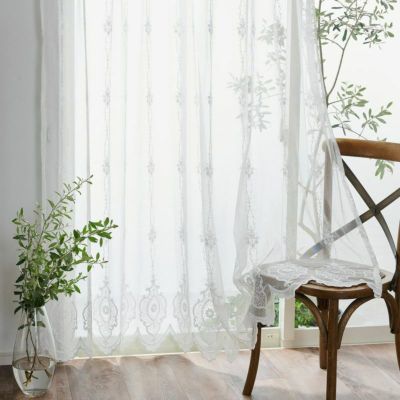 アンティーク マドラスレース 草花紋様カーテンパネル 菫/勿忘草